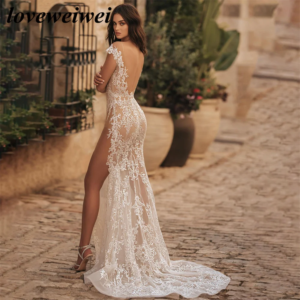 

High Slipt Mermaid Sexy Wedding Dresses Lace Appliques Open Back Wedding Gowns Detachable Train Bridal Dress vestido de noiva