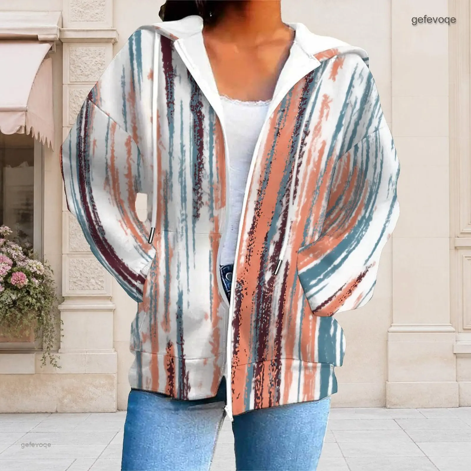 Women Blue Green Orange Beige Abstract Brush Stripe Printed Zip Up Long Sleeve Hoodie