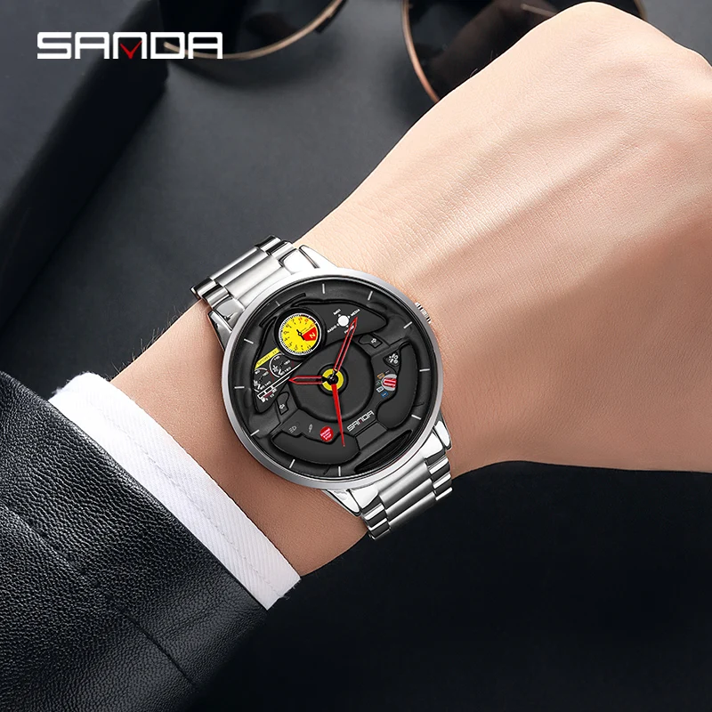 SANDA P1085 مبتكرة الهيكل العظمي ساعة الرجال الرياضة سيارة المقود مقاوم للماء الفولاذ المقاوم للصدأ حزام الكوارتز العلامة التجارية ساعات المعصم