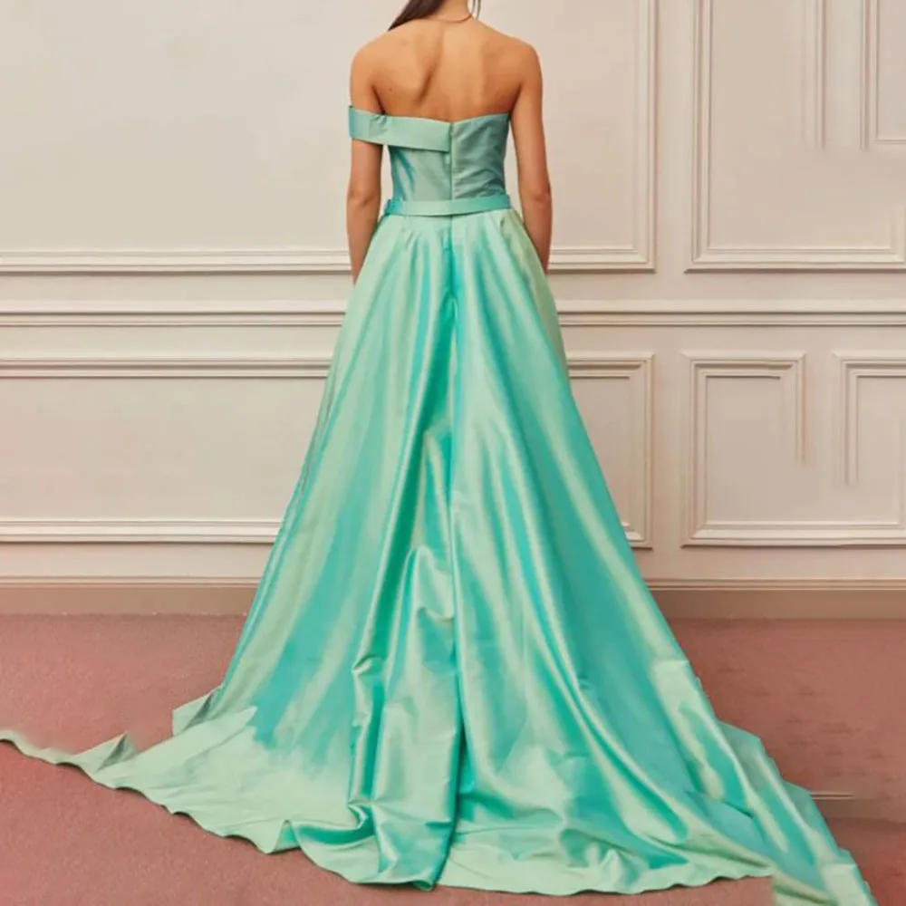 A-Line Off Shoulder One Shoulder Strap Pleated Side Slit Full Length Back Zipper Closure Court Train Prom Gown Dress