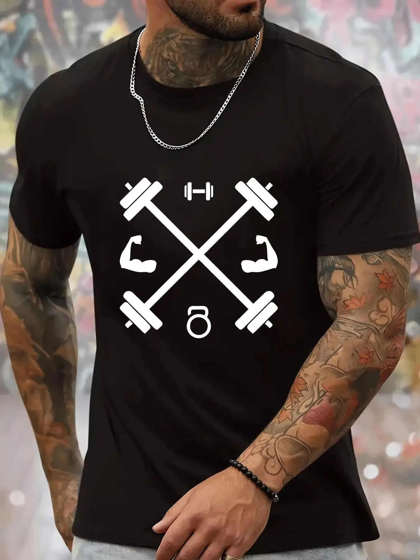 Mens Crew Neck T Shirt Crossed Barbell Kettlebell Muscle Fitness Graphic Short Sleeve Casual Cotton Gym Workout Streetwear Tees