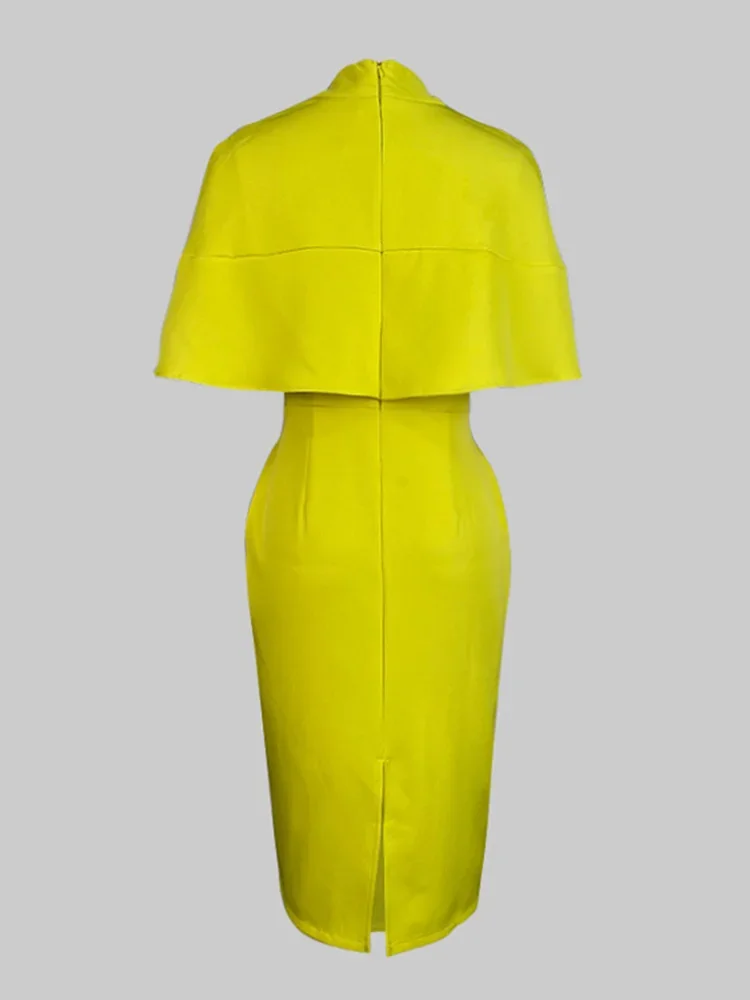 فساتين الصيف أزياء المرأة الأصفر فستان طويل Bodycon أنيقة اثنين كيب نمط الصلبة اللون سبليت المشتركة وهمية الرقبة سستة عارضة