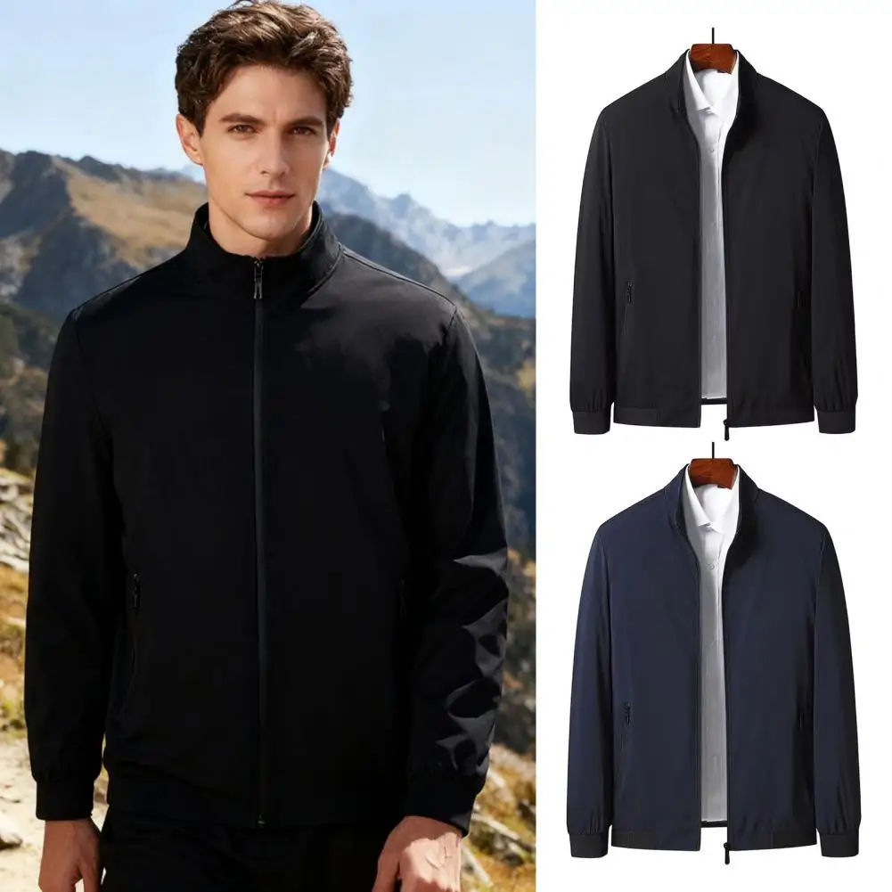 سترة رجالية مقاومة للرياح، ملابس خارجية مريحة للرجال، سترة رجالية أنيقة مقاومة للرياح مع ياقة واقفة وسحاب وجيوب للإغلاق للرجال