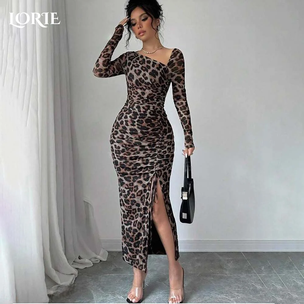 LORIE Formal Evening Dresses Mermaid Long Sleeves Leopard Prnt Prom Ball Gown  Tulle Backless Party Dresses Cocktail Dresses