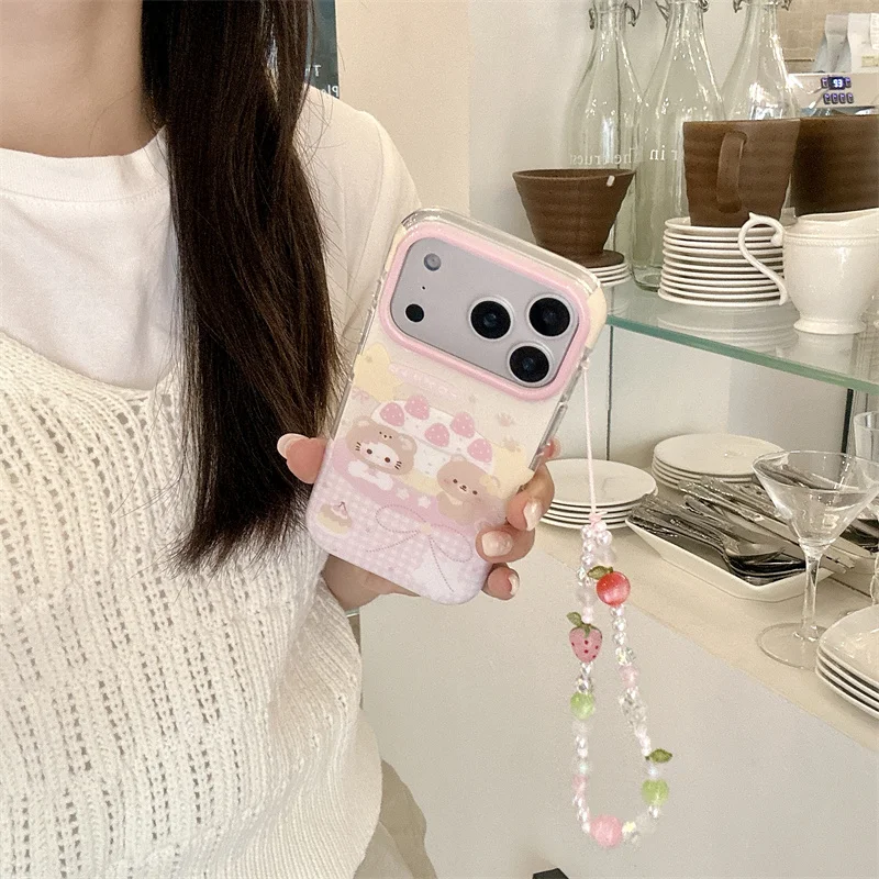 

New Fashion iPhone case Cute Strawberry Cake Bear Print Phone Case With Fruit Beaded Strap For iPhone 15 16 17 Shockproof Clear