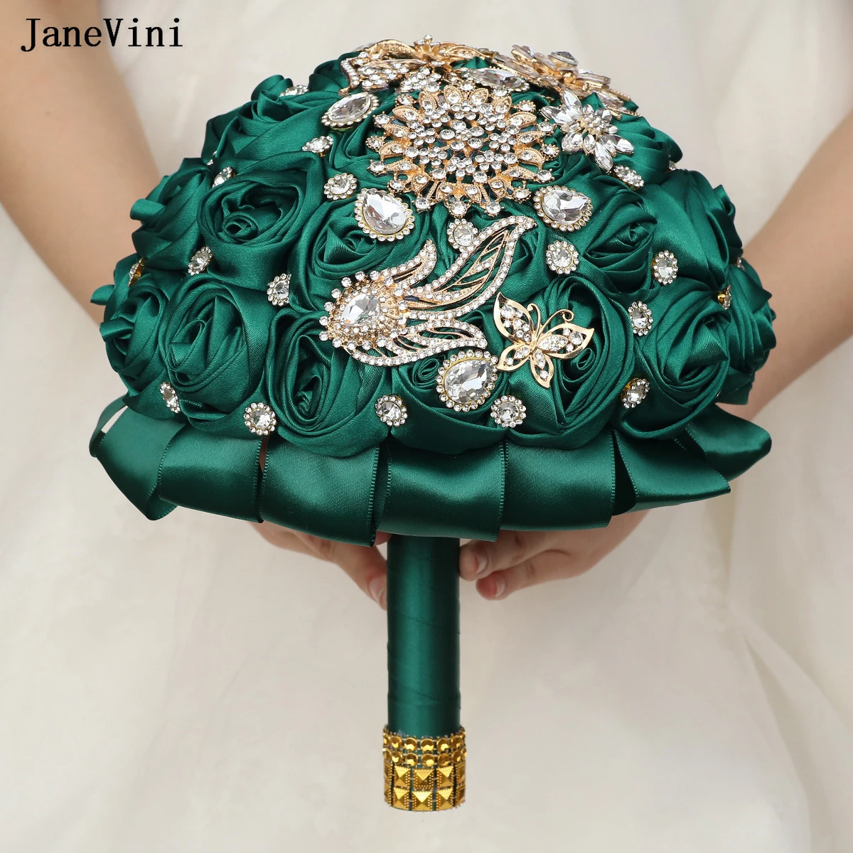 JaneVini-ramos de novia con diamantes de imitación dorados, joyería hermosa, rosas artificiales de satén, verde oscuro, flores de sujeción para novia de boda, 2024