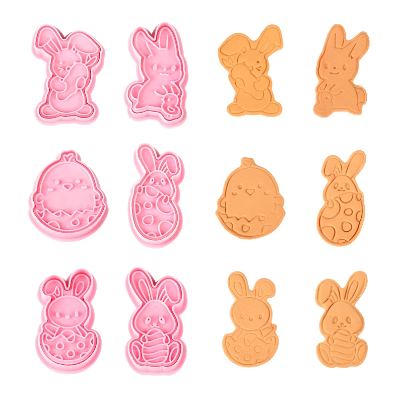 6Pcs Easter Egg Plastic Cookies Cutter 3D Cartoon Rabbit Chick Biscuits Fondant Mould Easter Party Cakes Decoration Baking Tools