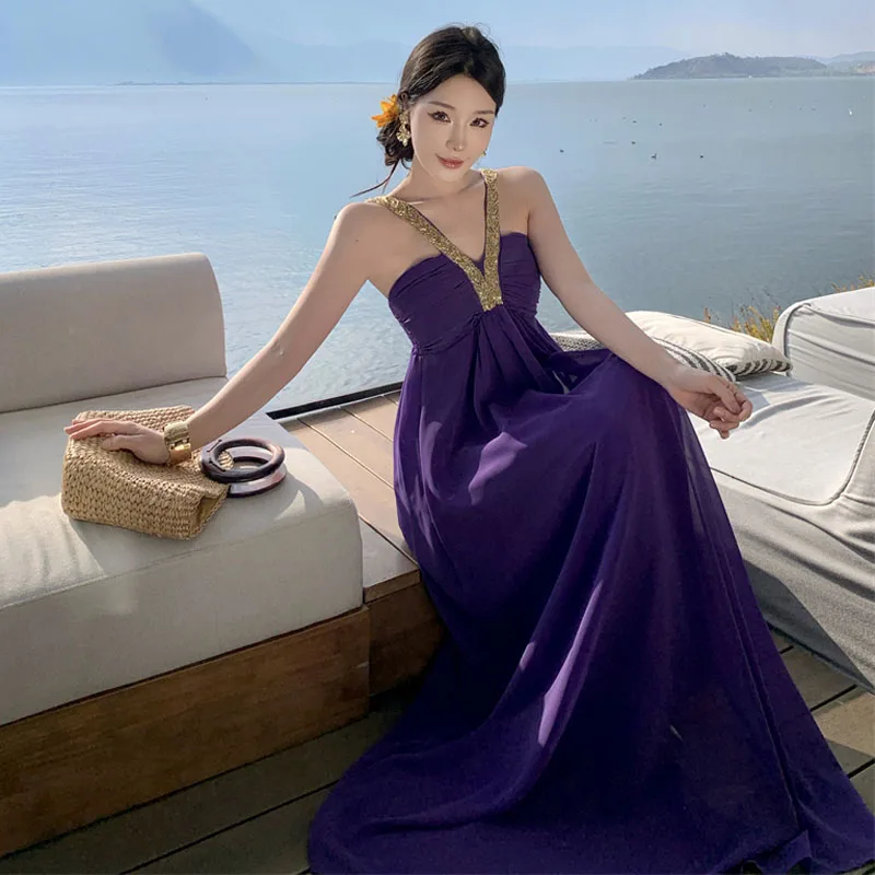 Summer Fashion Sexy Off Shoulder Backless Boho Party Maxi Dress Retro Temperament Purple Chiffon Casual Holiday Beach Long Dress