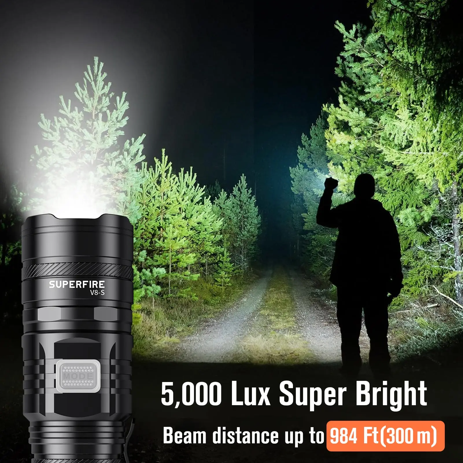 SUPERFIRE V8-S 36W High Power Waterproof LED Tactical Flashlight Super Bright 5000LM Torch Indicator USB-C Hunting Lights