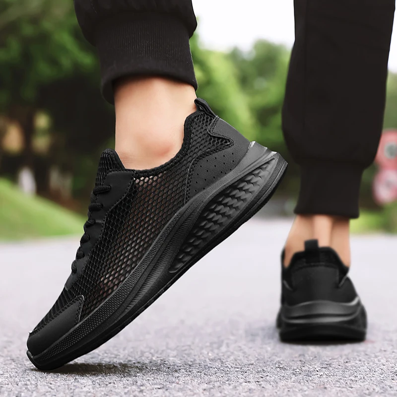 

Summer Men Running Sneaker Lace-up Sport Light Fitness Comfortable Breathable Black Walking Shoes Size 39-48