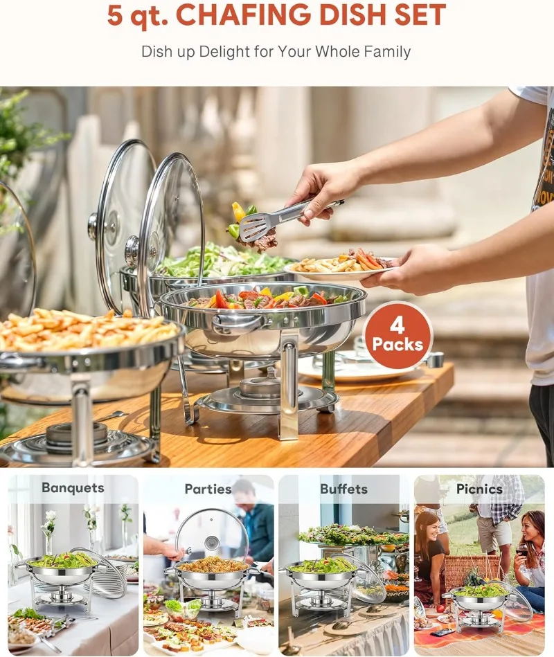 Set da buffet per scaldavivande, confezione da 4 ciondoli rotondi da 5 qt per catering con coperchio in vetro e supporto per coperchio, supporto per carburante per padella per acqua,
