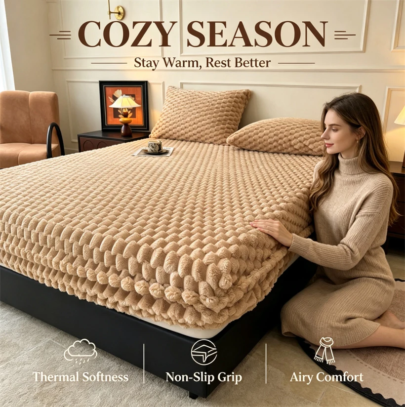 Thicken Fluffy Plush Mattress Cover Fitted Sheet Winter Thermal Warm Bed Cover Velvet Bed Sheet with Elastic Band 140/160/200cm