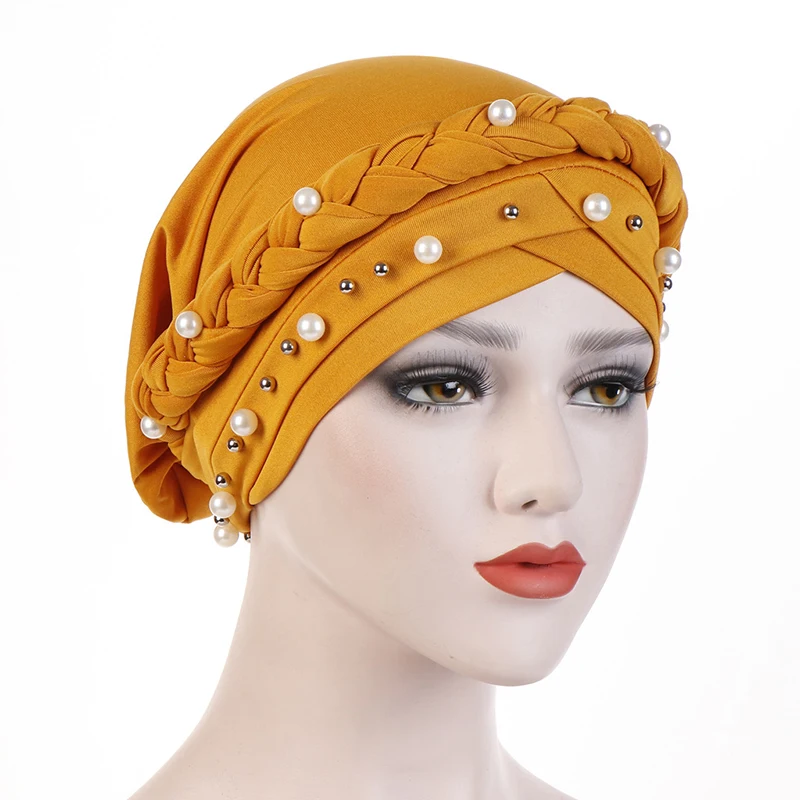 Braid Cross Forehead Women Hijabs with Faux Pearl Decor Solid Color Muslim Female Head Scarf Elegant Turban for Women Elastic