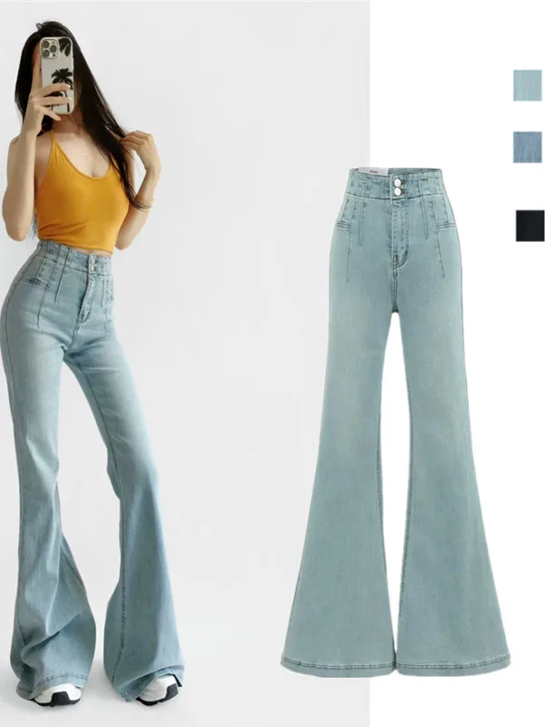 

Синие хлопковые эластичные женские расклешенные джинсы с высокой талией, эластичные удобные длинные брюки с подтяжкой ягодиц, модные джинсовые брюки