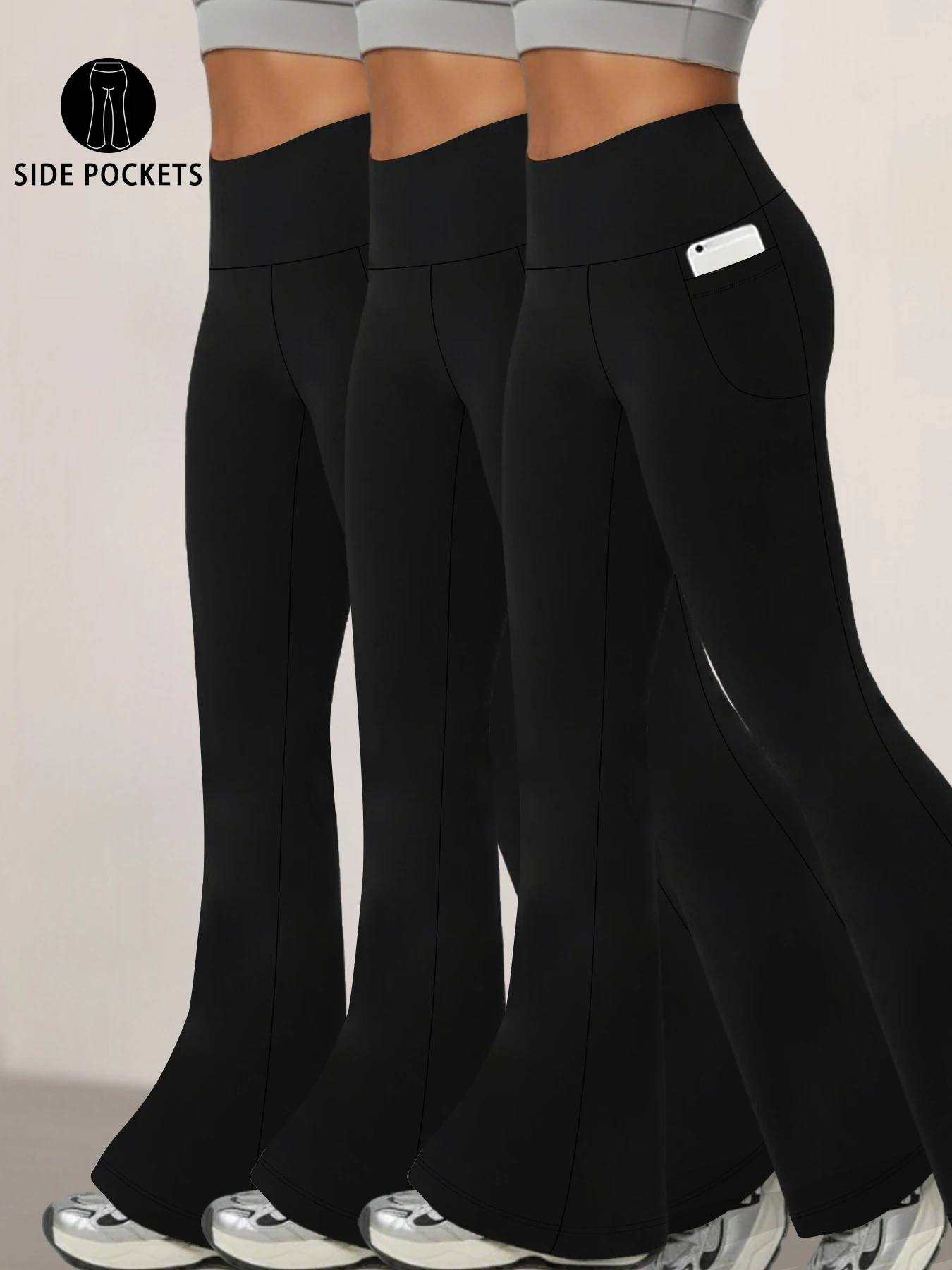 

Комплект из 3 женских супермягких расклешенных леггинсов с карманами и высокой талией для контроля живота, йоги, пуш-ап, тренажерного зала, фитнеса, леггинсов-клеш