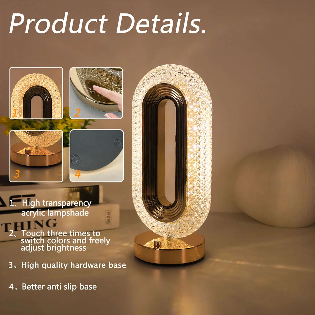 USB Runway Crystal Table Light Charging Touch Three Color Atmosphere Light Bedroom and Living Room Decorative Atmosphere Light