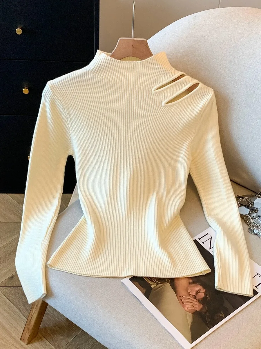 Ele ape Lila Strickpullover Damen Herbst Winter Basisschicht aushöhlen Halbhoher Kragen Slim Fit Pendler Sle