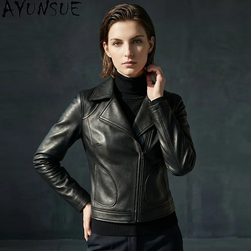 

AYUNSUE Real Leather Jacket Woman Short Fitted Sheepskin Jackets for Woman Spring Autumn Long Sleeve Tops Woman Clothes Jaqueta