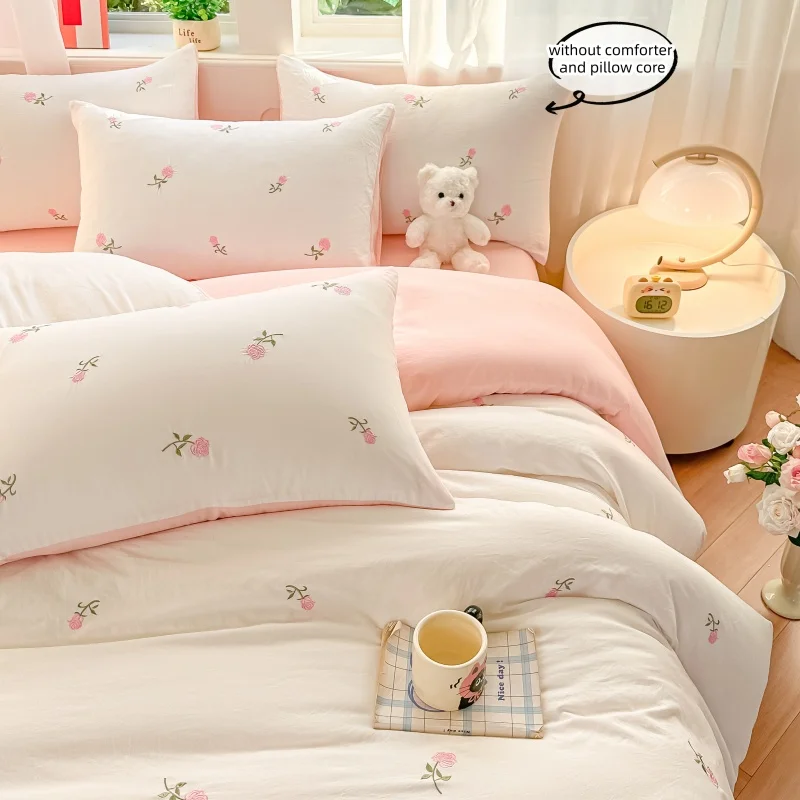 طقم ملاءات مكون من 3 قطع، طقم غطاء لحاف مطرز بالورود الوردي، مفرش سرير مريح لجميع المواسم