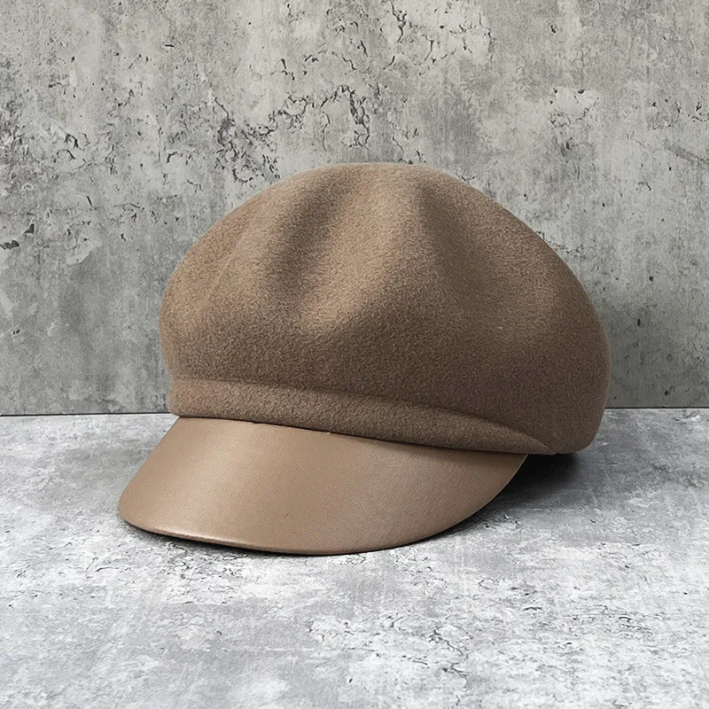 Fashion Korean leather eaves woolen duck tongue octagon hat British temperament autumn and winter top hat painter's hat