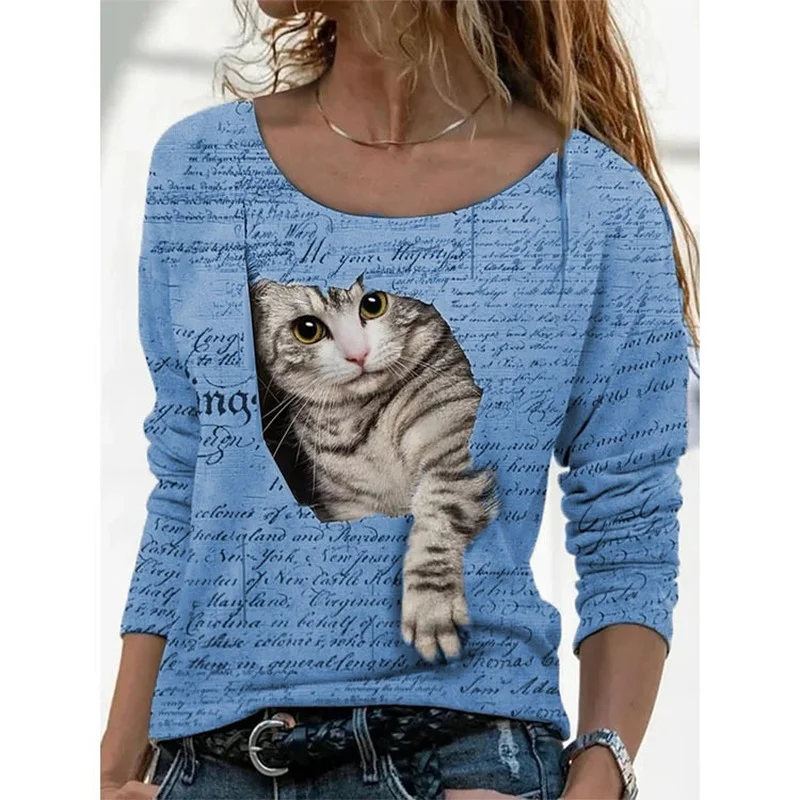 

Fashion Cat Print Shirts Women 2023 Autumn Winter Clothes Long Sleeve O-neck Tops Aesthetic Shirt Bottoming T Shirt Traf 4XL 5XL