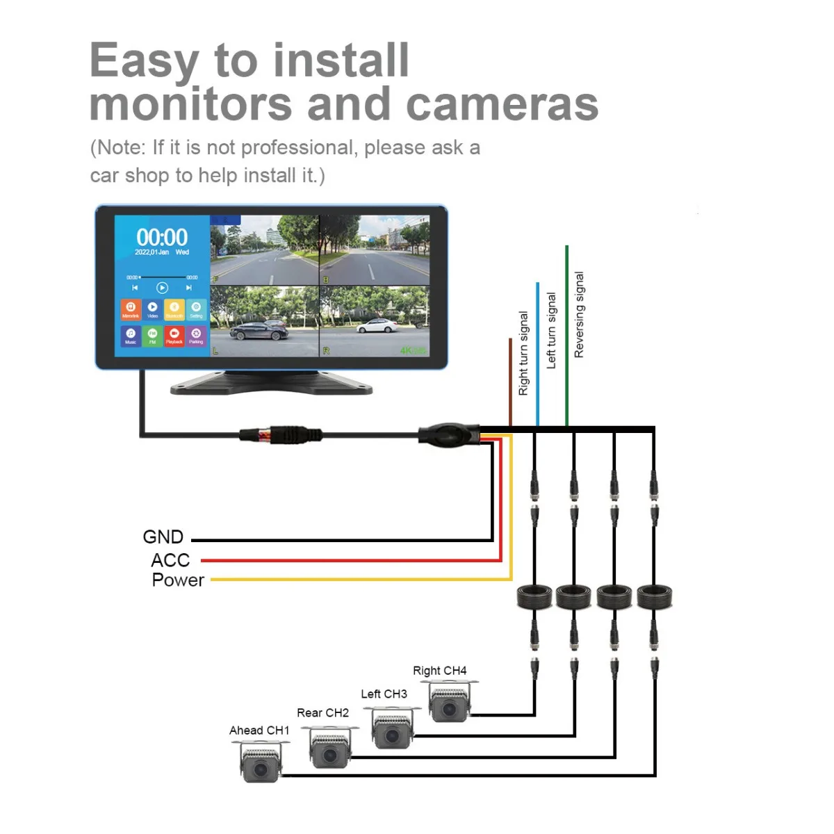 4K Backup Camera 4CH with 10.36" Quad Split Touch Screen AHD Front Rear Sides View Camera W/DVR   for RV Semi Trailer Truck Van