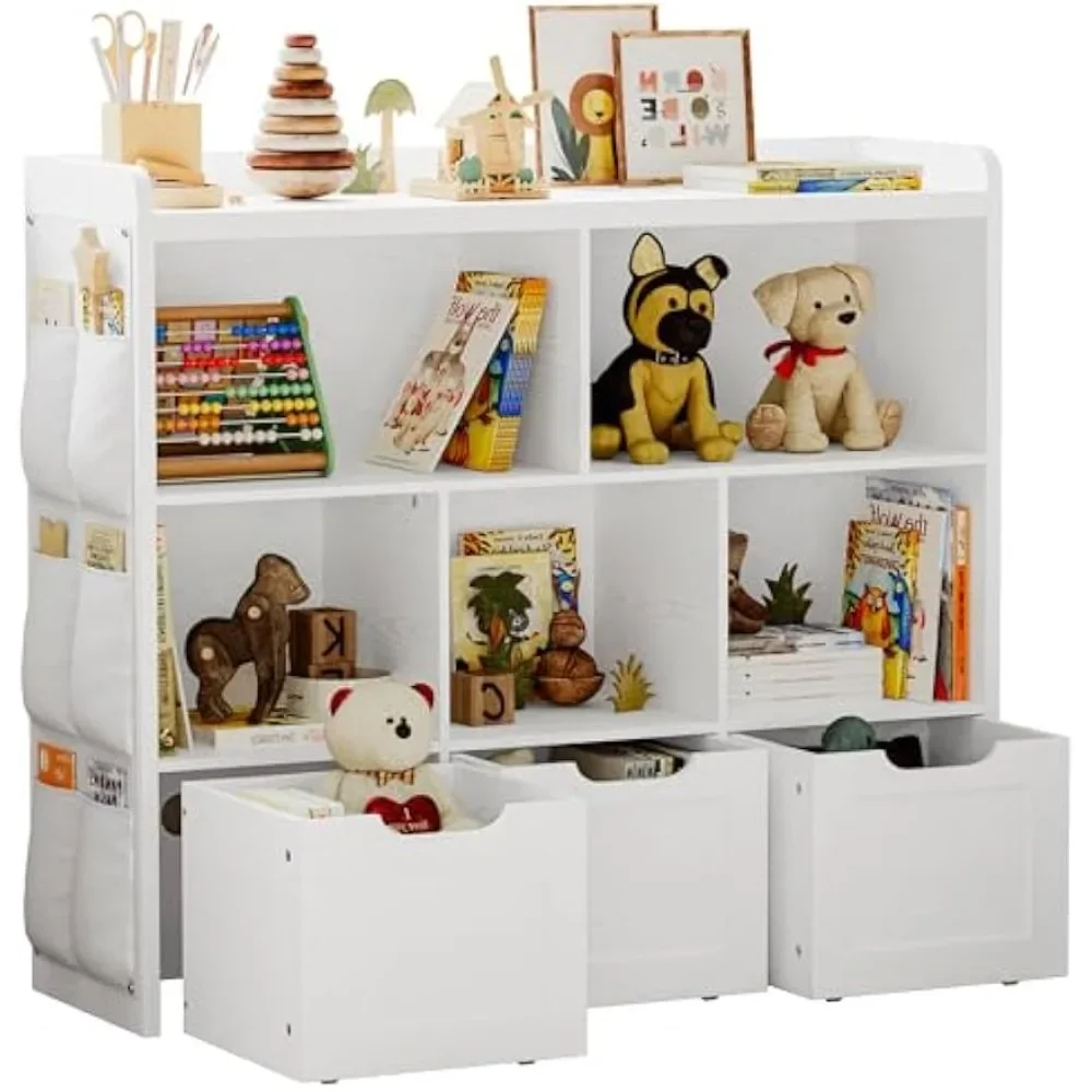 Toy Storage Organizer with 3 Movable Drawers, Multifunctional Floor Storage Cabinet Toy Chest with 5 Storage Cubbies,Bookcase