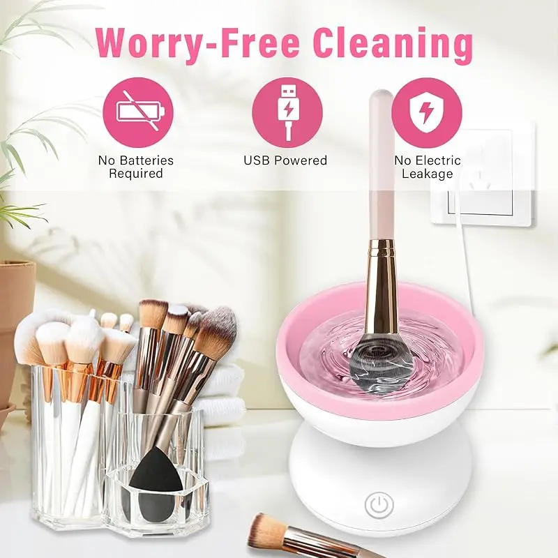 Pink Electric Makeup Brush Cleaner Machine Windspeed Silicone Beauty Liquid Foundation Contour Eyeshadow Blush Brush Blender