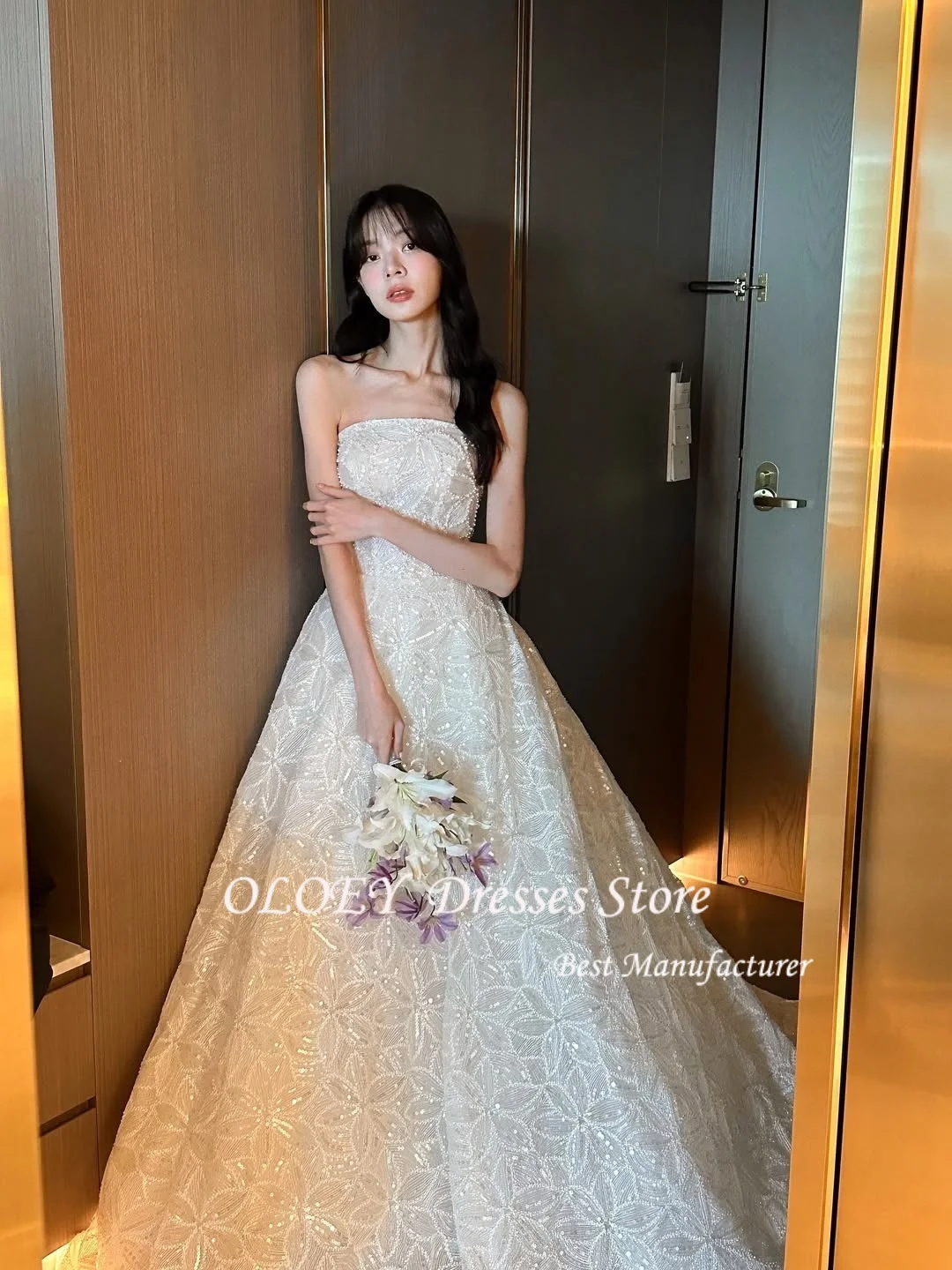 OLOEY Feenhafte Spitze, trägerlos, A-Linie, Brautkleider, quadratischer Kragen, neues koreanisches Fotoshooting-Brautkleid ienia Singap Sierra Özelleştirilmiş 2025