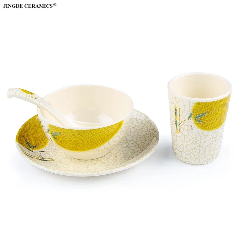 4pcs/set cup*1, bowl*1 , dish*1, spoon*1.Made of food grade melamine material, not easily damaged.Restaurant/household tableware