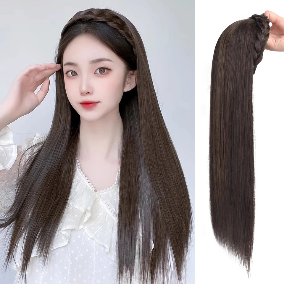 女性の長いストレートツイストかつら、ヘッドバンドウィッグ、ヘアバンド、スカルトップ、u字型ハーフヘッドストレートヘアピース