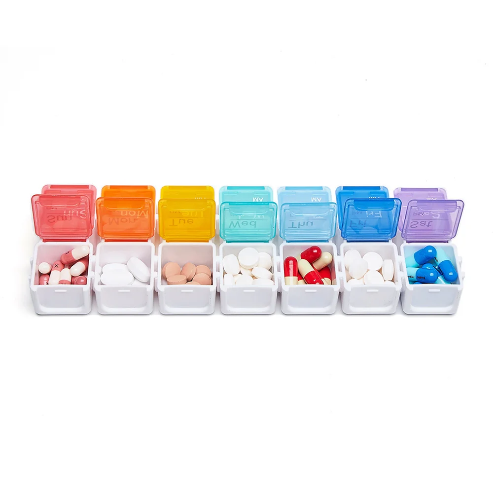 

1pc 14-Grid 2-Row Large Capacity Medicine Organizer Case Weekly Pill Storage Container Rainbow See-Through Lids Easy Open