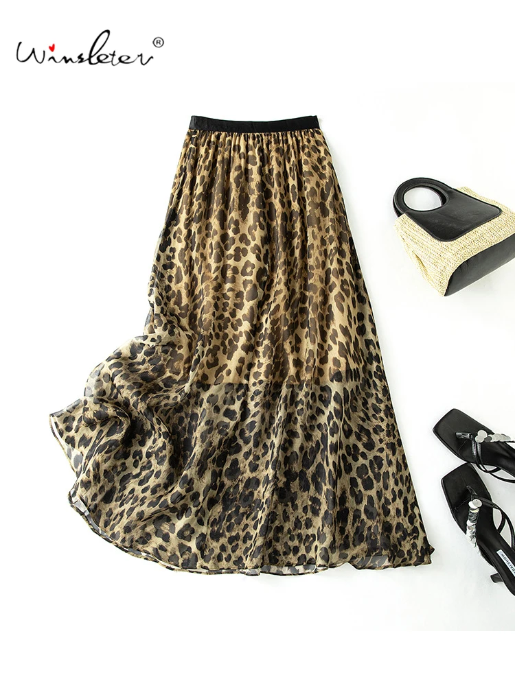 Winsleter-100%Silk Elegant Skirts, Elastic Waist Leopard Print, Women Fashion Commute Party A-line Skirt, 2026 Summer B65617CC