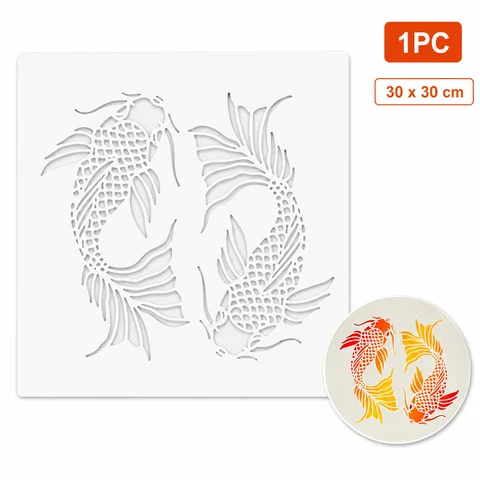 1PC 11.8x11.8 Inch Koi Fish Stencil Template Japanese Style Painting Stencil for Wall Canvas Journal DIY Home Decor