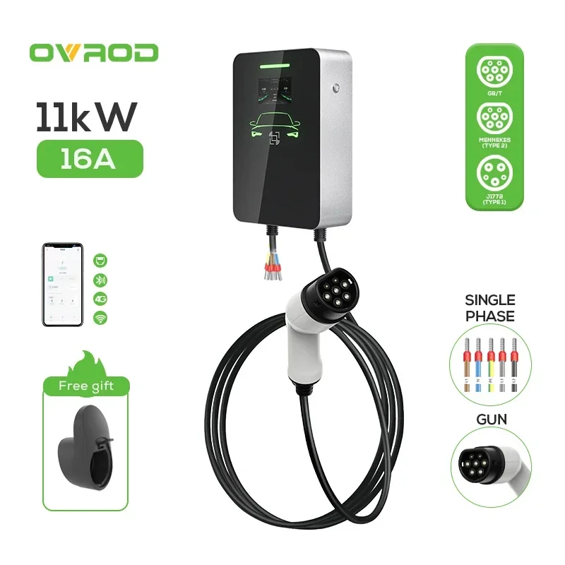 Ovrod 11 Kw Ev Charger Type 2 16A Dynamic Load Balancing Ev Charger Wallbox Ev Charging Station With 4.3 Inch Lcd Display