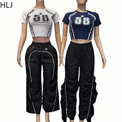 HLJ Y2K Vintage Style Letter Print Wide Leg Pants Two Piece Sets Women O Neck Short Sleeve Crop Top And Drawstring Pants Outfits