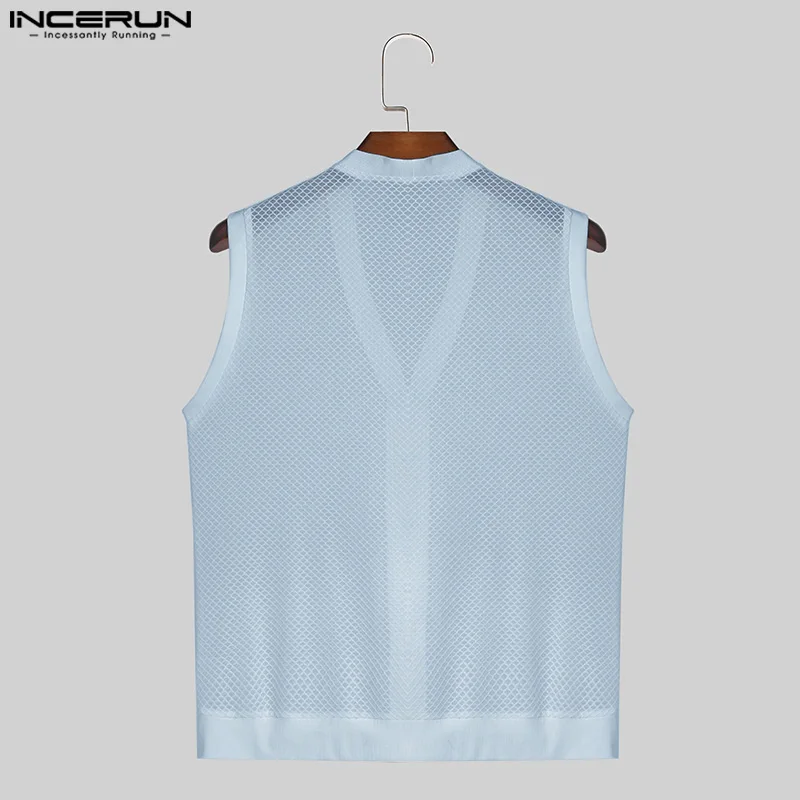 INCERUN 2024 Men Tank Tops Mesh Hollow Out Solid V Neck Sleeveless Male Vests Summer Transparent Streetwear Fashion Men Clothing