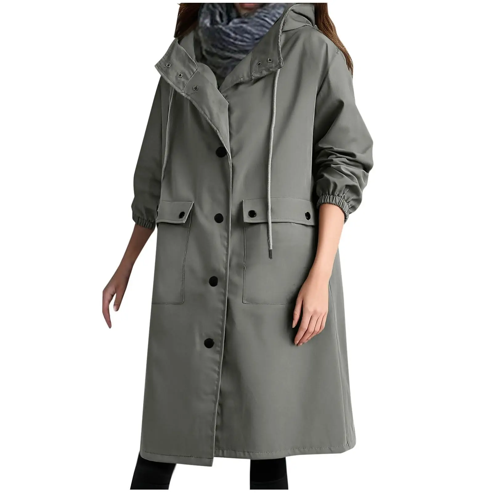 

Solid Color Hooded Button Long Windbreaker Ladies' Fashionable Casual Windbreaker Winter Outdoor Warm Jacket Women'S Trench Coat