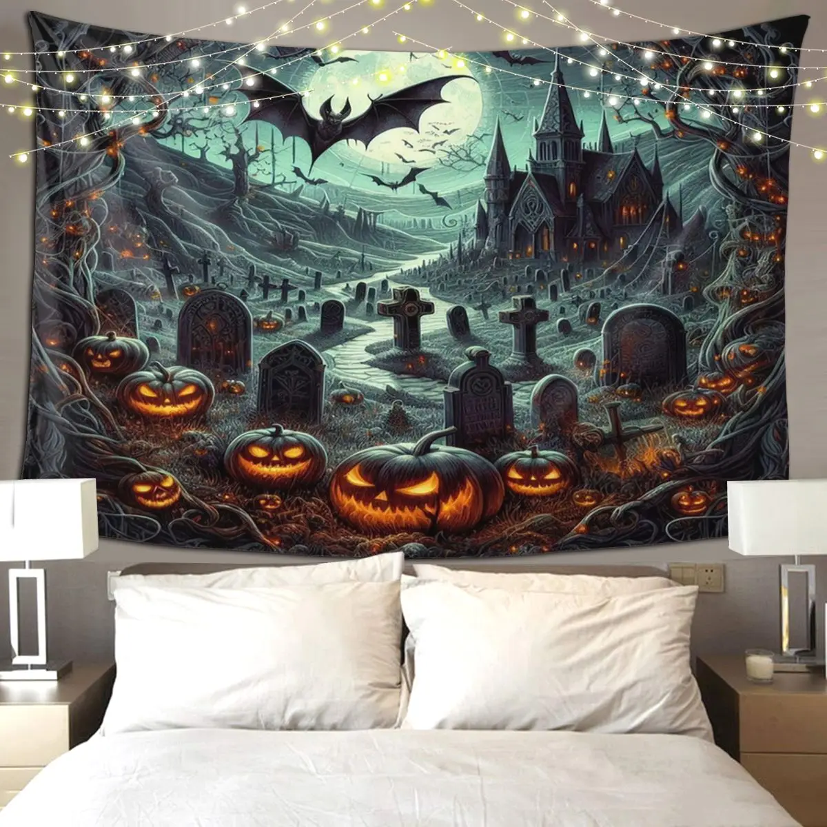 Bats Over Cemeteries And Glowing Pumpkins Halloween Tapestry Funny Wall Hanging Aesthetic Home Tapestries Living Room Dorm Room