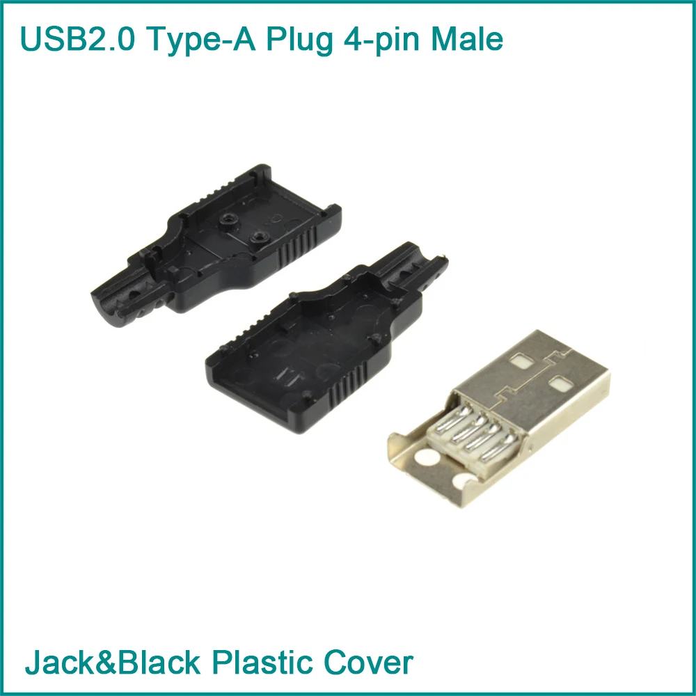 10 juegos de conector USB 2,0, enchufe tipo A macho y hembra, adaptador de montaje de 4 pines, tipo de soldadura, carcasa de plástico negro