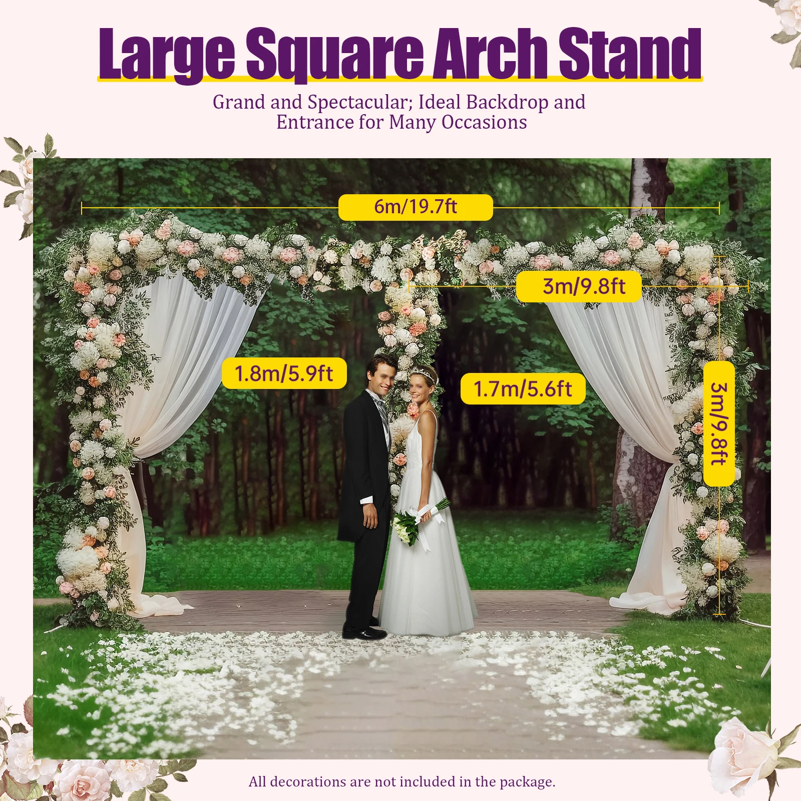 3x6m/10x20ft Metal Wedding Arch Stand Heavy Duty Photography Backdrop Curtain Frame Balloon Flower Decoration Rack Plant Support