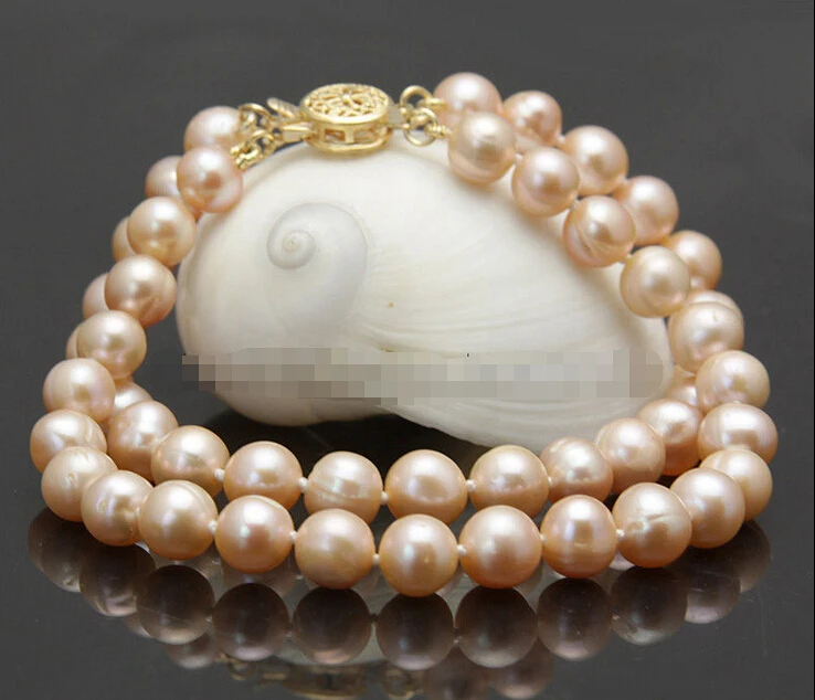 2 row genuine 7-8mm Pink fresh water cultured akoya pearl bracelet 7.5