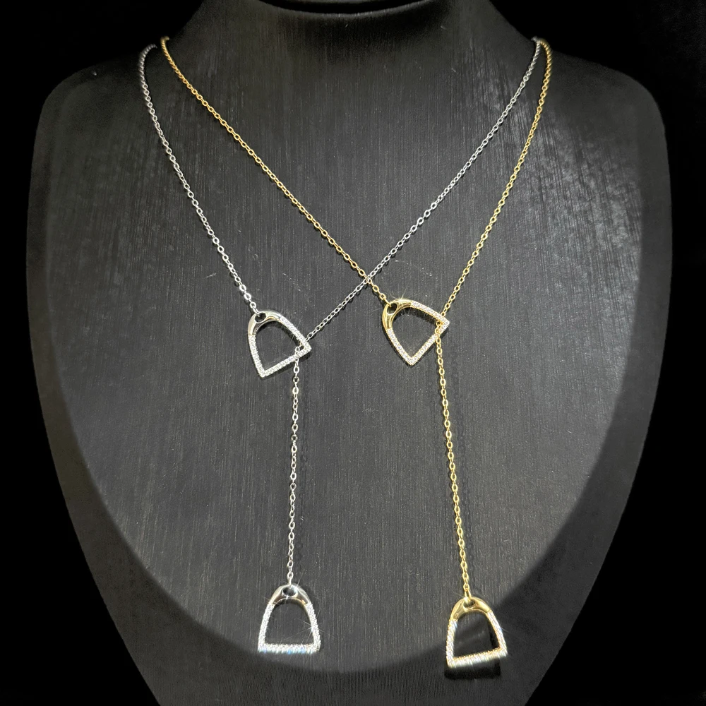 

925 sterling silver Bling CZ Paved Double Horse Stirrup Lariat Y Layering Chain Necklace Horse Gifts for Women Girl Gift Jewelry