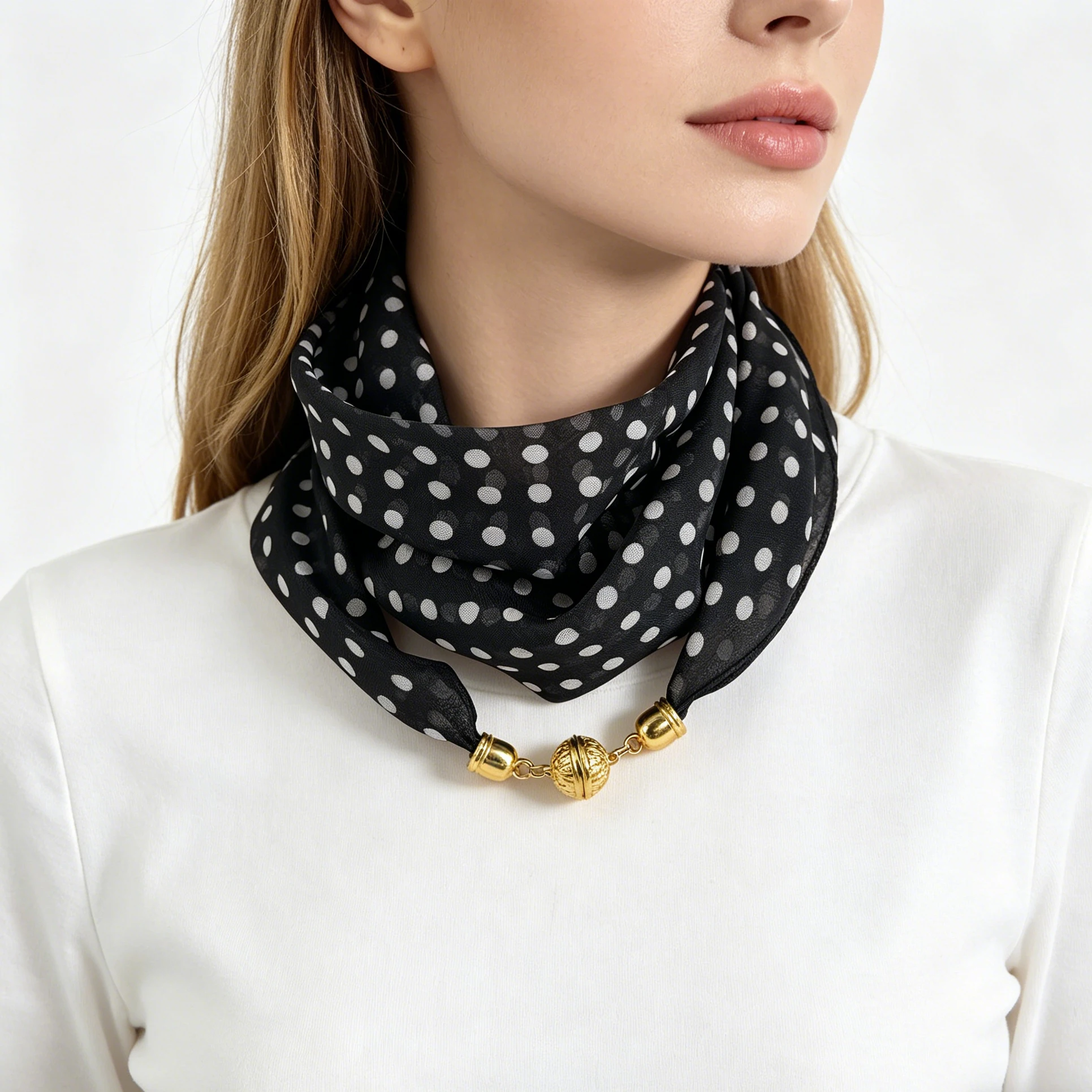 Schal mit Polka-Dot-Print und Magnetverschluss, dünner quadratischer Chiffon-Wickelschal, einfacher, bequemer Schnell-Trage-Halstuch, dekorativer Halstuch. – Detail 3