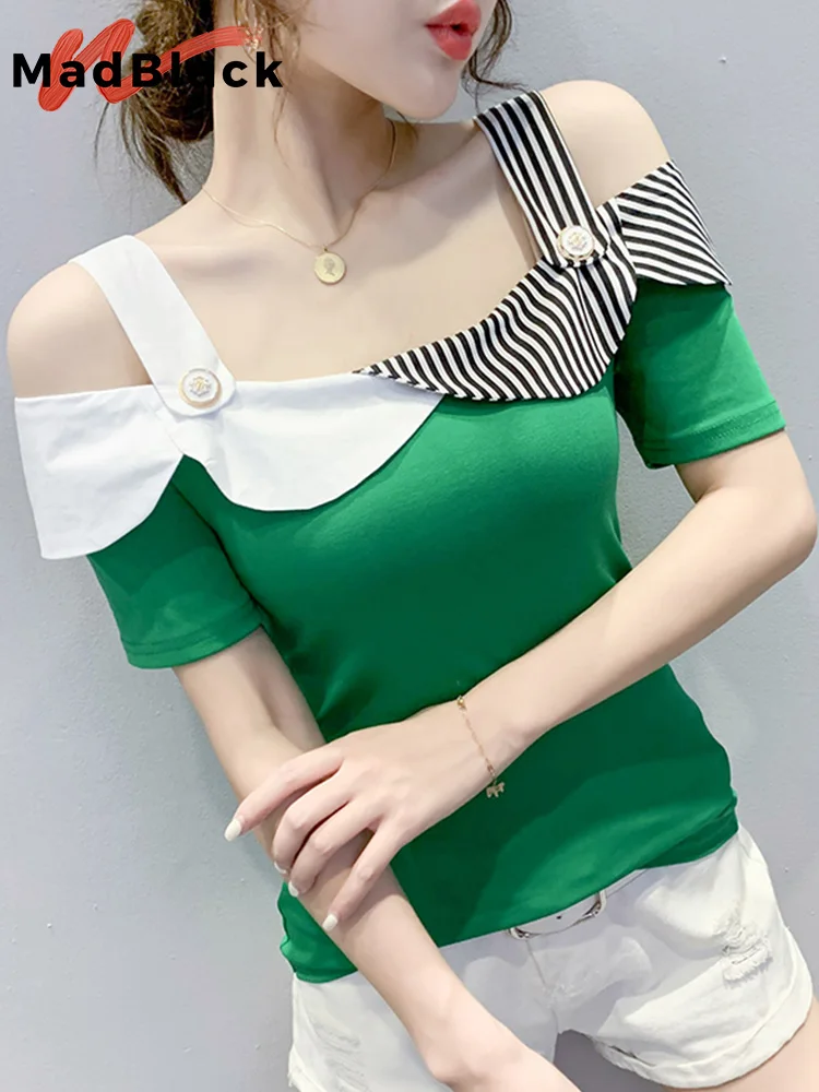 

MadBlack Summer Korean Clothes T-Shirt Fashion Sexy Patchwork Ruffles Tops Short Sleeve Street 2022 Tees Bottoming Shirt T26701L