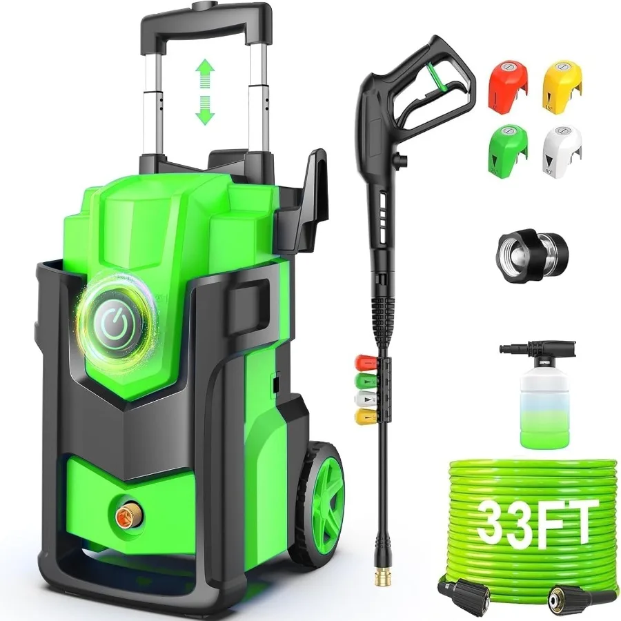 

Мощная мойка высокого давления с 4 насадками, пенной насадкой, шлангом 33 фута и бутылкой для мыла 500 мл, светло-зеленая