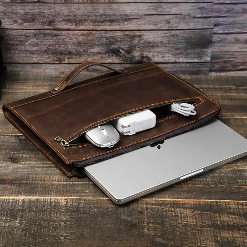 

Premium 14 Inch Notebook Case Laptop Sleeve Bag Genuine Leather Briefcase for Macbook Pro 2021