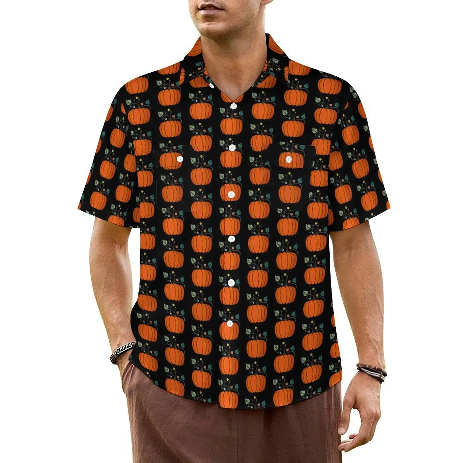 Halloween Pumpkin Beach Shirt Vegetable Print Hawaiian Casual Shirts Men Retro Blouses Short Sleeves Streetwear Graphic Tops