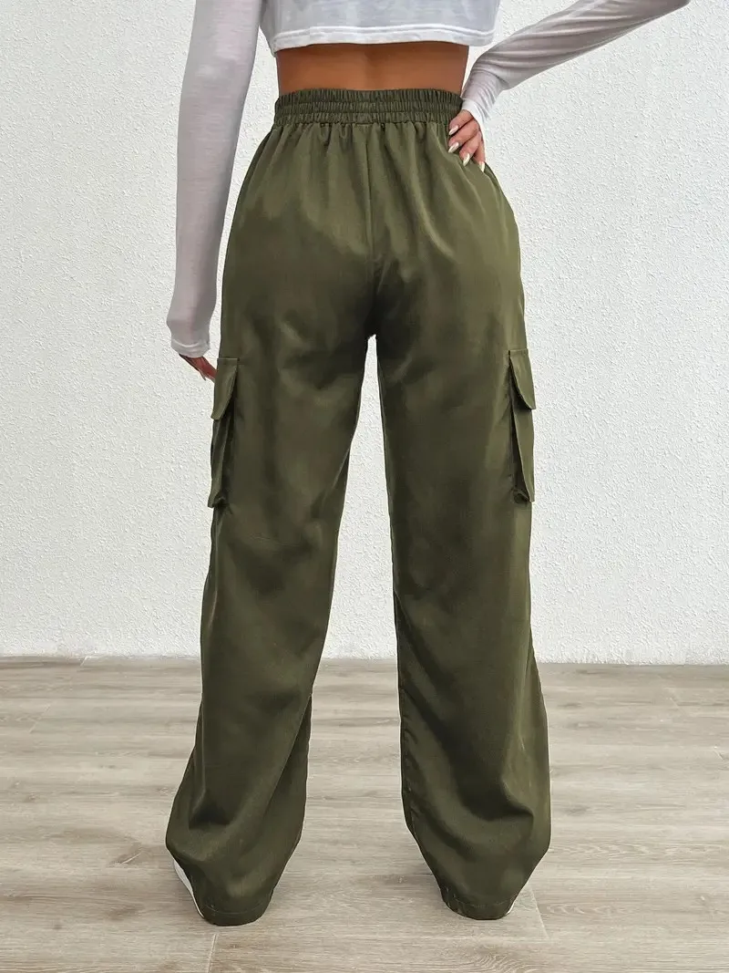 女性用ワイドレッグカーゴパンツ,快適なフラップポケット,伸縮性のあるウエストバンド,ゆったりとしたフィット感,通気性のある生地,カジュアルウェア