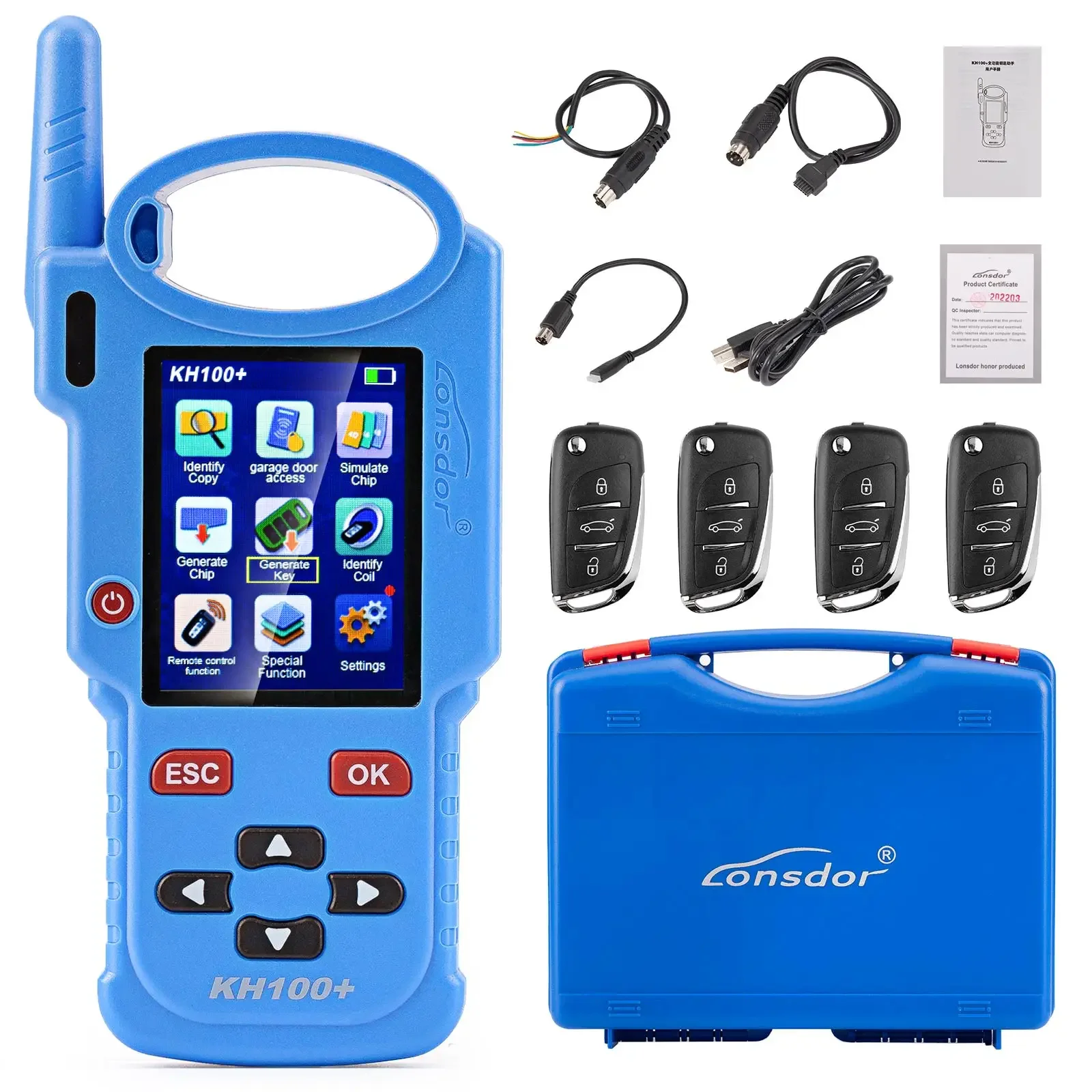 Lonsdor KH100+ Hand-Held Remote Programmer Blue Version Plus 4pcs Universal Remotes Newly Add Indian Models